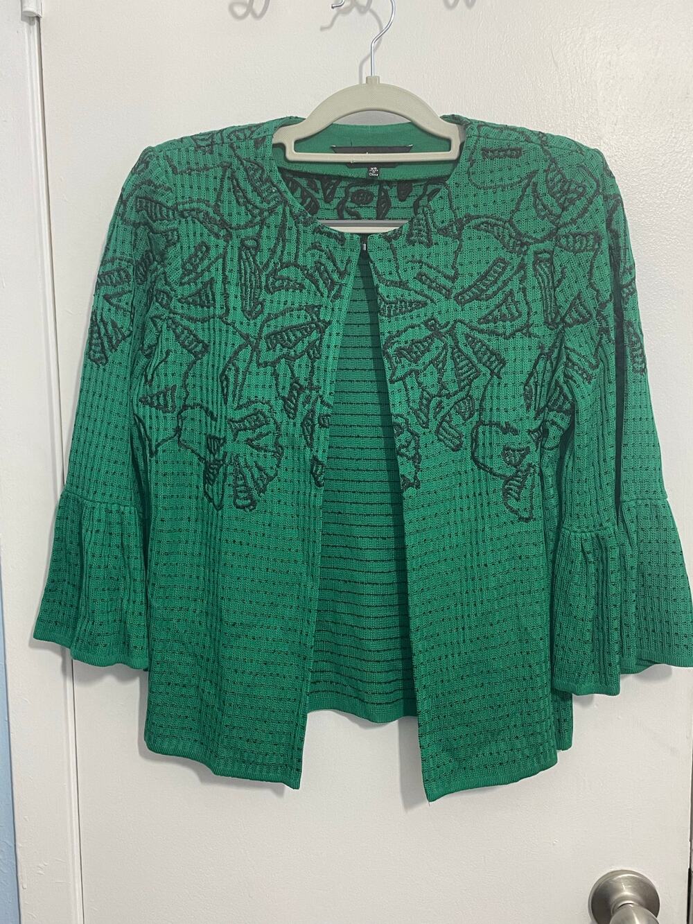 Ming Wang Cardigan Sweater XS Green Floral Embroidered Ruffled Sleeve Preppy NWT